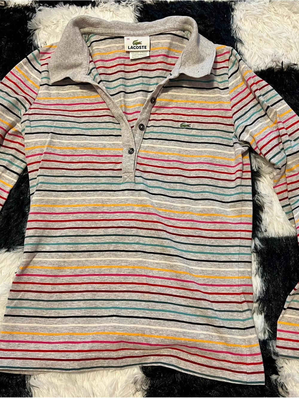 Vintage Lacoste Women's Long-Sleeve Stripe Polo - Grey with Multicolor Stripes